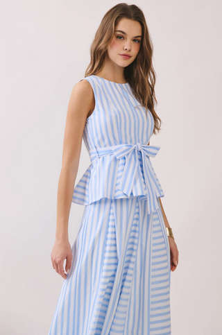 Striped Sleeveless Tie Waist Peplum Top - Baby Blue