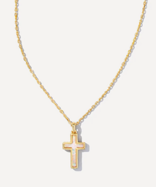Cross Pendant Necklace - Gold White Opal