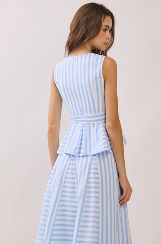 Striped Sleeveless Tie Waist Peplum Top - Baby Blue