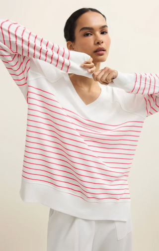 Weekender Stripe V Neck - White