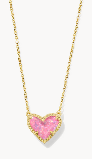 Ari Heart Short Pendant Necklace - Gold Pink Iridescent Glitter Glass