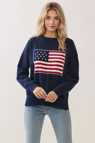 American Flag Knit Pullover Sweater - Navy