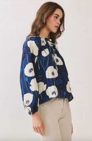 Floral Print Gathered Ruffle Neckline Blouse - Navy