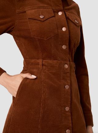 Casey Corduroy L/S Button-Front Mini Dress - Chestnut Brown