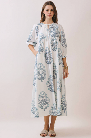 Printed Keyhole Front Dress with Balloon Sleeves - Blue