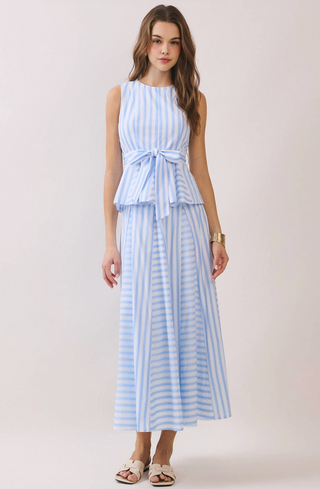 Striped Sleeveless Tie Waist Peplum Top - Baby Blue