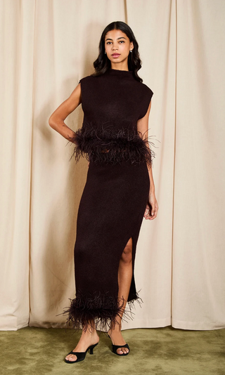 Kelsei Feather Knit Midi Skirt Set - Cocoa