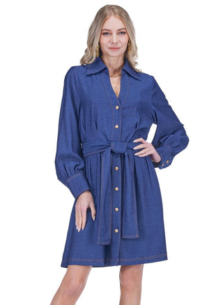 Collar Waist Pleated Shirtdress - Denim