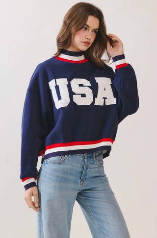 USA Letter Print Contrast Trim Sweatshirt - Navy
