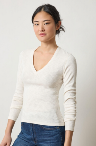 Rib Slub Long Sleeve V-Neck - Talc