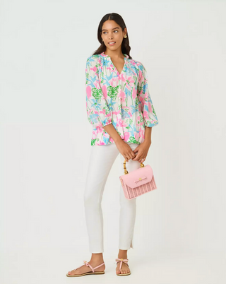 Lourdes 3/4 Sleeve Cotton Top - Resort White / Viney Liney