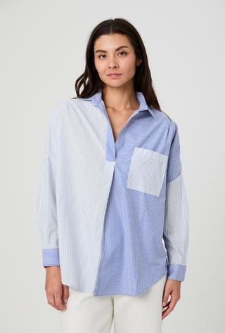 Stripe Popover Shirt - Navy/Light Blue - Linen