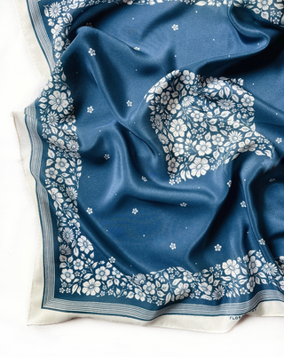 100% Silk Bandana Scarf -Santorini Floral China Blue Western