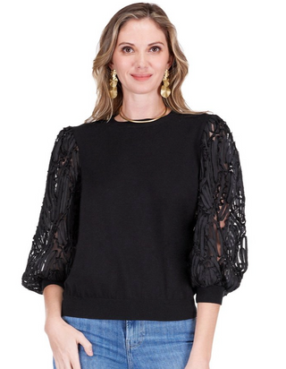 Pattern Sleeve Sweater Top - Black