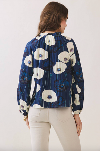 Floral Print Gathered Ruffle Neckline Blouse - Navy