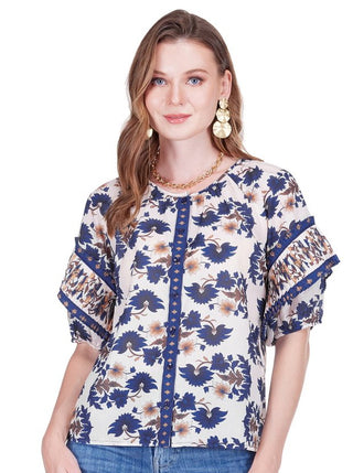 Pleated Sleeve Peasant Top - Indigo Lotus