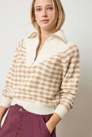 Mixed Stitch Half Zip - Ivory / Birch Stripe