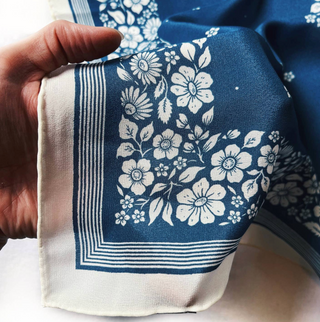 100% Silk Bandana Scarf -Santorini Floral China Blue Western