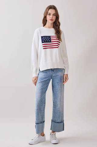 American Flag Knit Pullover Sweater - White