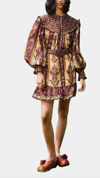 Embroidered Tapestry Sand Long Sleeve Mini Dress - Embroidered Tapestry Sand
