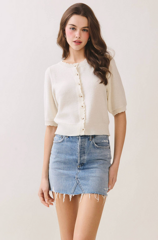 Button Front Closure Short Sleeve Knit Cardigan - Off White