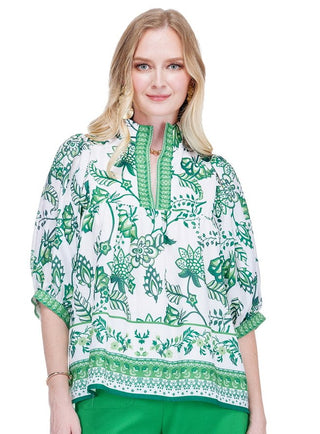 Stand Collar Puff Sleeve Top - Jade Garden Border