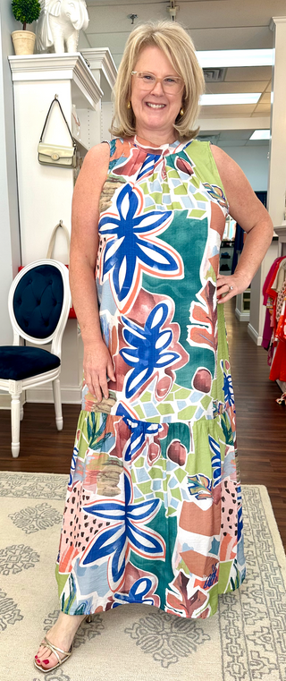 Pleated Neck Maxi - Summer Jungle