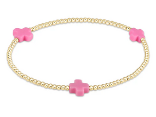 Signature Cross Small Gold Pattern 2MM Bead Bracelet - Bright Pink