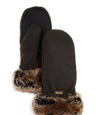 Wax with Fur Trim Mittens - Olive