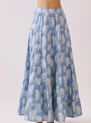 Blue Floral Print Multiple Tiers High Rise Maxi Skirt