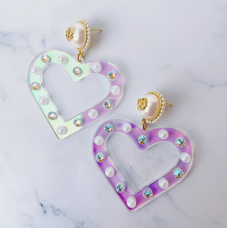 Iridescent Heart Earrings with Pearls and Crystals