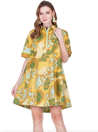 Placket Swing Dress - Saffron Scroll