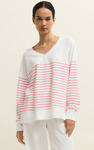 Weekender Stripe V Neck - White