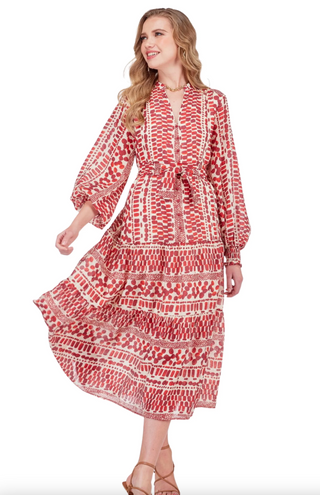 Front Split Buttons Midi Dress - Crimson Rhythm