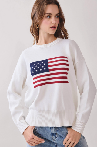 American Flag Knit Pullover Sweater - White