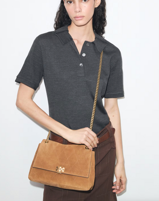Charlie Quilted Suede Shoulder Bag - Caramel