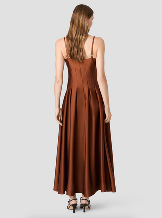 Slinky Satin Pleated Maxi Dress - Chestnut Brown