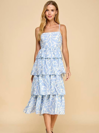 Blue Animal Printed Tiered Ruffled Skirt Dress