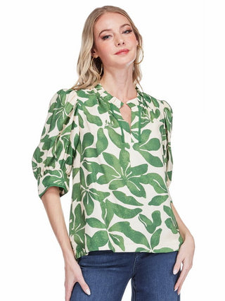 Puff Sleeve Trimmed Placket Top - Ivory Fern