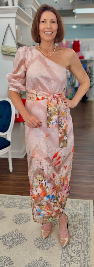 One Shoulder Column Dress - Butterfly Garden