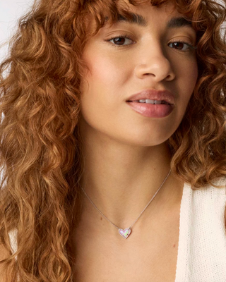 Ari Heart Short Pendant Necklace - Silver Pink Iridescent Glitter