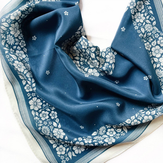 100% Silk Bandana Scarf -Santorini Floral China Blue Western