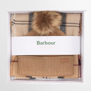 Barbour Dover Beanie & Hailes Scarf Gift Set - Hessian Tartan