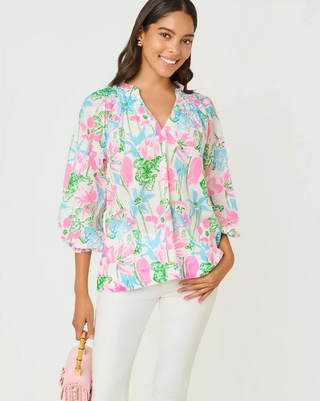 Lourdes 3/4 Sleeve Cotton Top - Resort White / Viney Liney