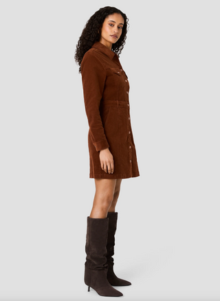 Casey Corduroy L/S Button-Front Mini Dress - Chestnut Brown