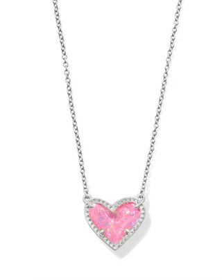 Ari Heart Short Pendant Necklace - Silver Pink Iridescent Glitter