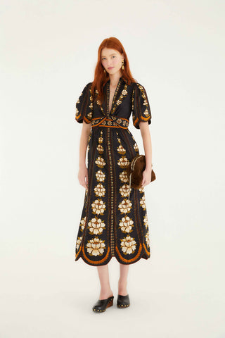 Embroidered Flowers Black Midi Dress - Embroidered Flowers Black